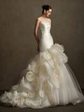 Ivory Satin Strapless Mermaid Wedding Dress with 3D Floral Ruffle Hem
