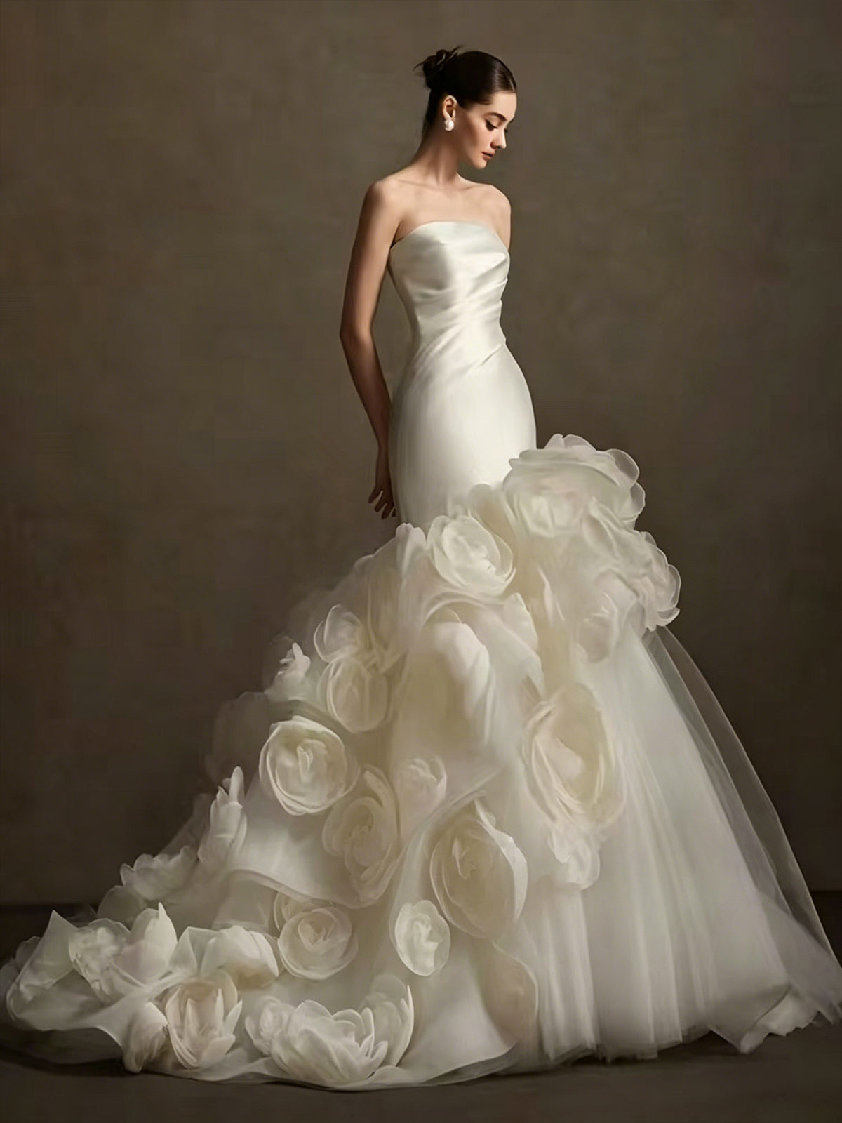 Ivory Satin Strapless Mermaid Wedding Dress with 3D Floral Ruffle Hem