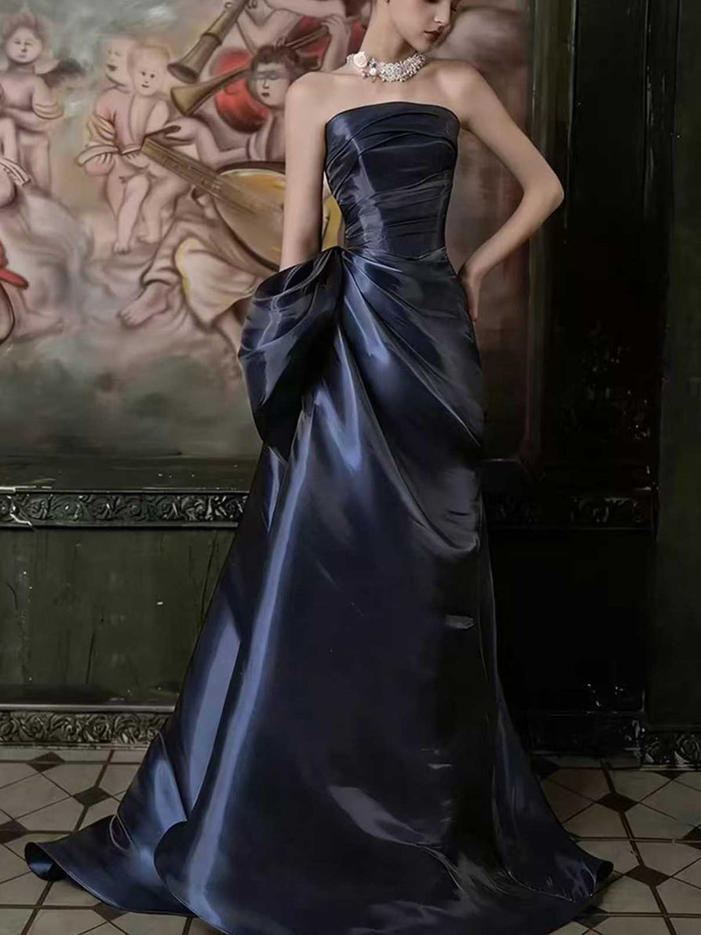 Midnight Blue Strapless Satin Evening Gown with Draped Bodice