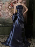 Midnight Blue Strapless Satin Evening Gown with Draped Bodice