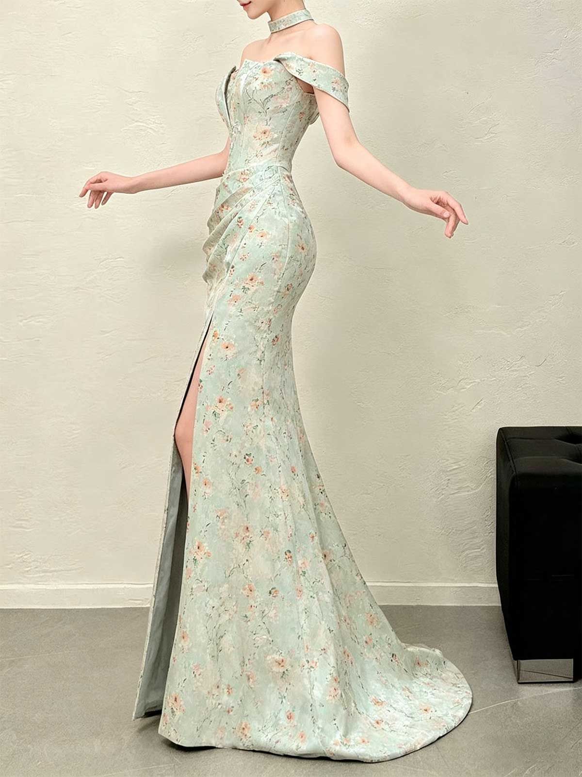 Mint Green Off-the-Shoulder Floral Satin Mermaid Evening Gown with Slit