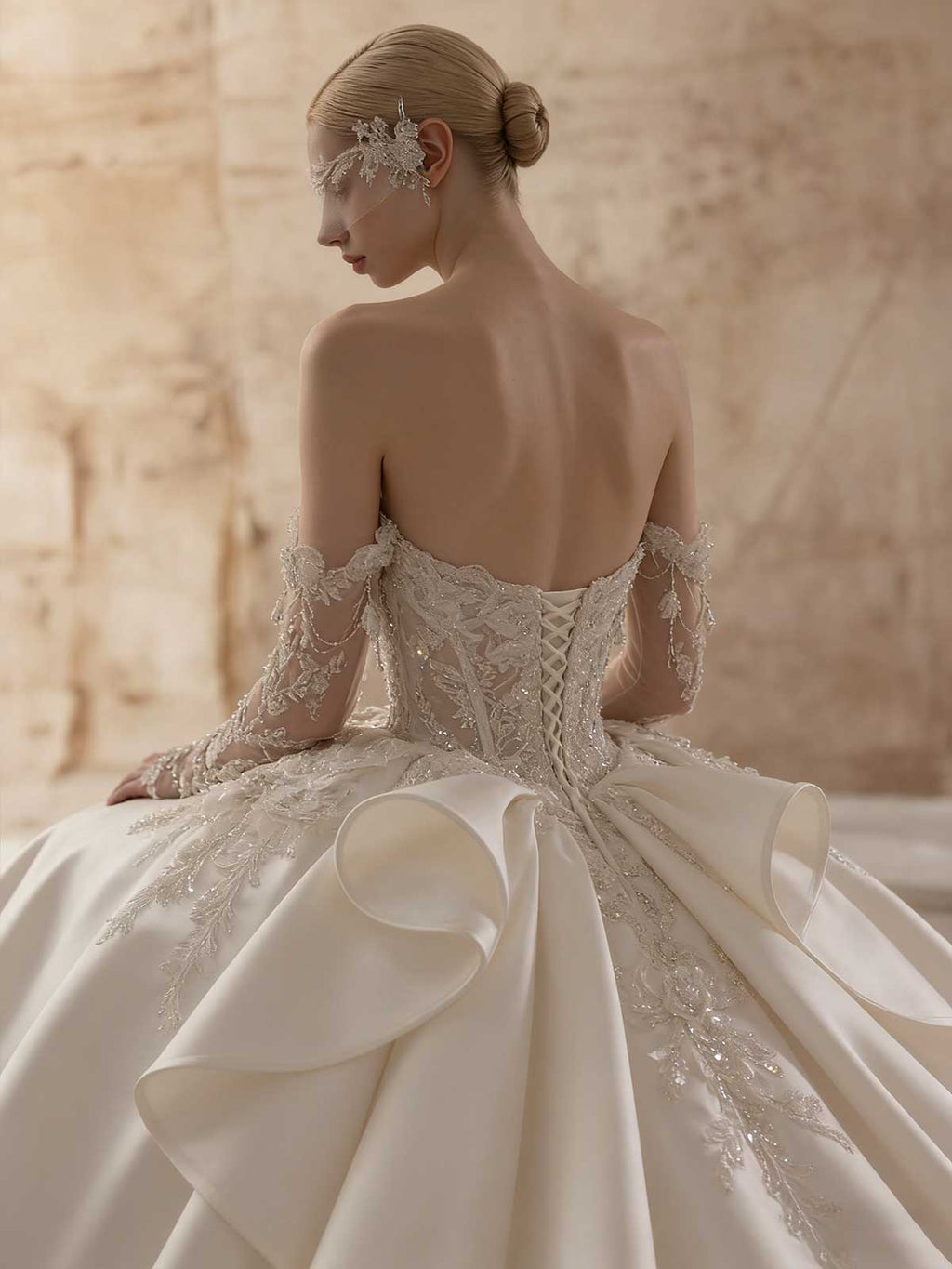 Luxury Off-the-Shoulder Lace Ball Gown with Sheer Long Sleeves