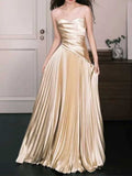 Champagne Strapless Satin Pleated Maxi Evening Gown