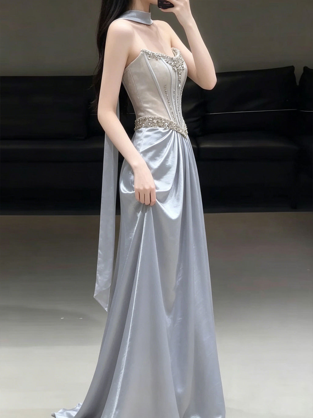 Halter Neck Ice Blue Crystal Corset Draped Satin Evening Gown
