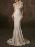 Ivory Satin Strapless Mermaid Wedding Dress with Floral Bust Detail