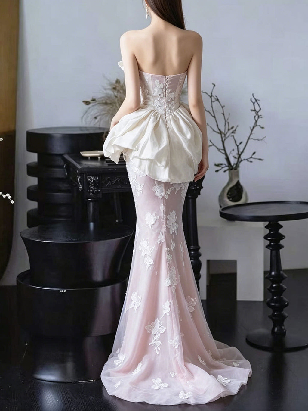 Blush & Ivory Strapless Floral Lace Mermaid Gown with Satin Peplum