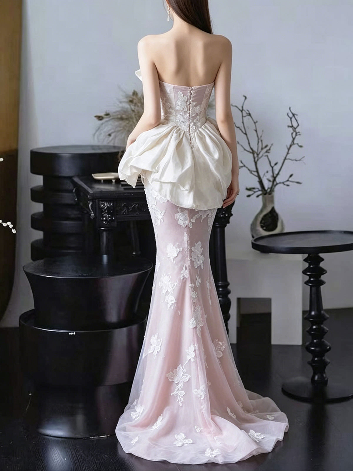Blush & Ivory Strapless Floral Lace Mermaid Gown with Satin Peplum