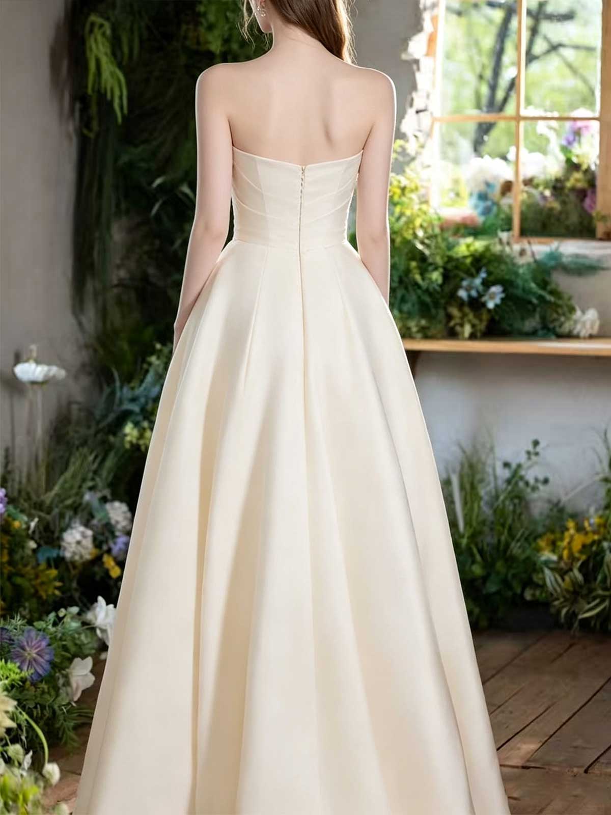 Ivory Satin Strapless A-Line Wedding Dress with 3D Floral Accent