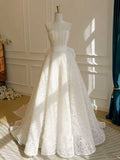 Ivory Lace Strapless A-Line Wedding Dress with Oversized Bow & Train