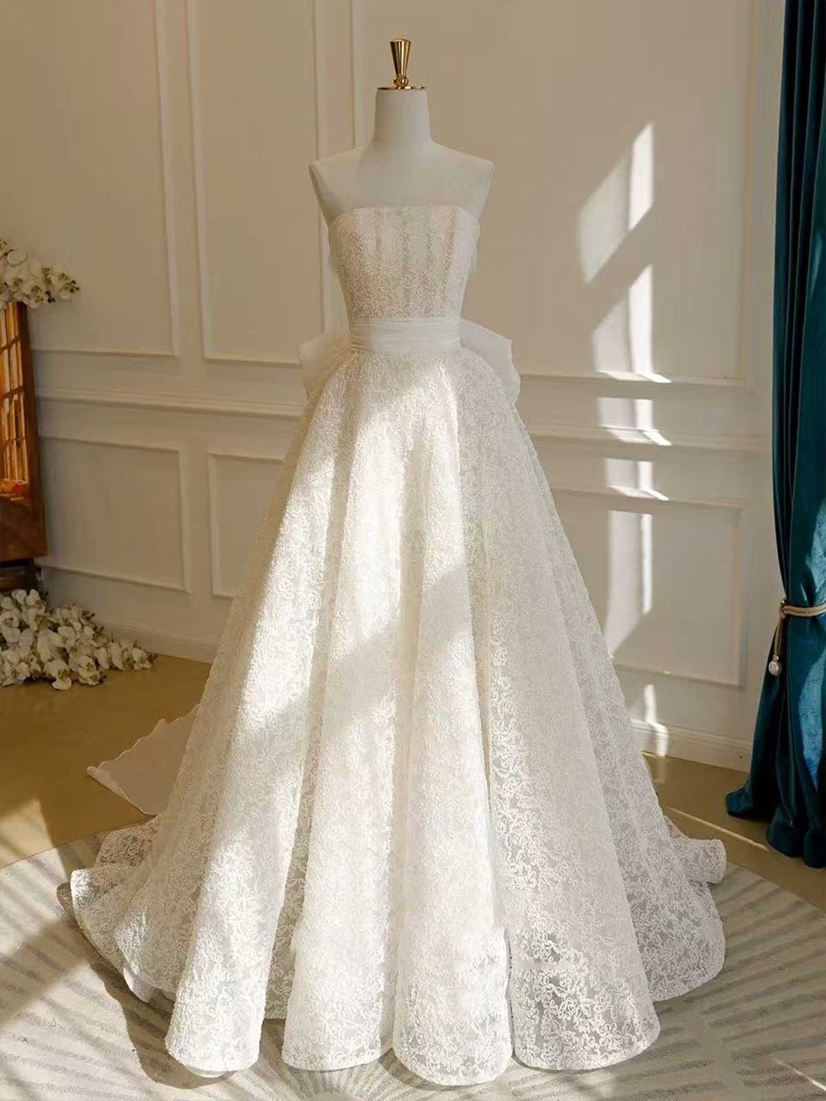 Ivory Lace Strapless A-Line Wedding Dress with Oversized Bow & Train