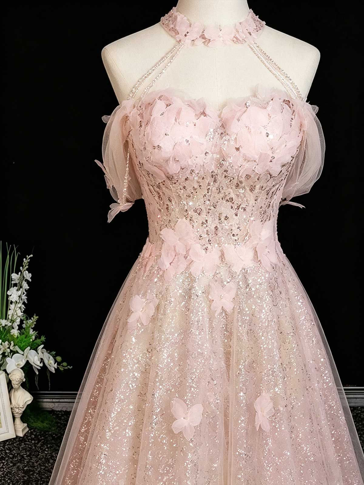 Blush Pink Halter Neck Sparkly Tulle A-Line Formal Prom Dress
