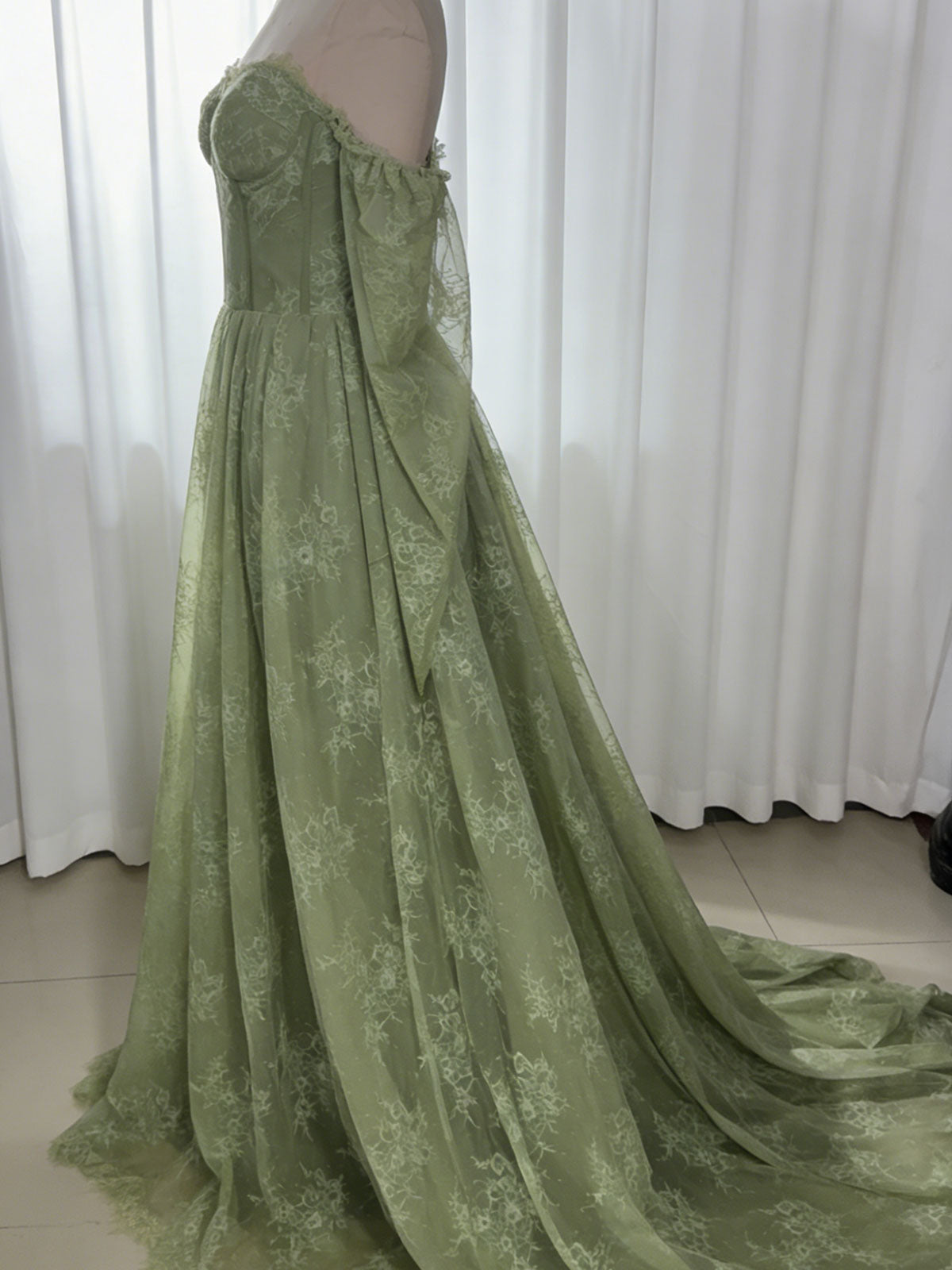 Sage Green Off-Shoulder Lace Tulle Gown with Train for Weddings