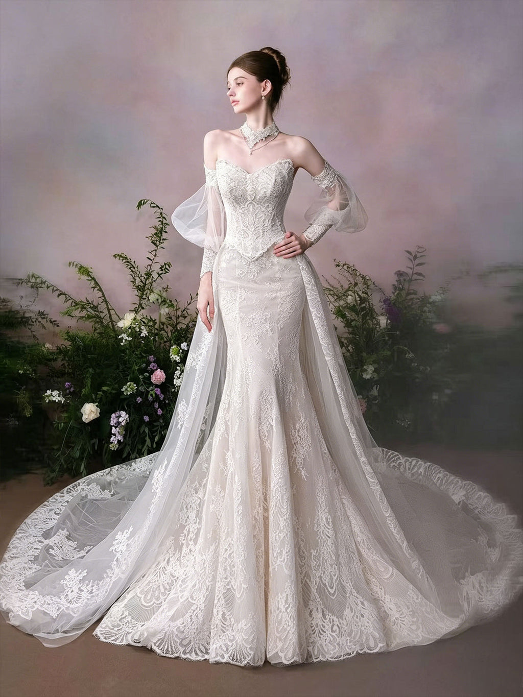 Sweetheart Puff Sleeve Lace Mermaid Chapel Train Wedding Dress