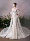 Sweetheart Puff Sleeve Lace Mermaid Chapel Train Wedding Dress