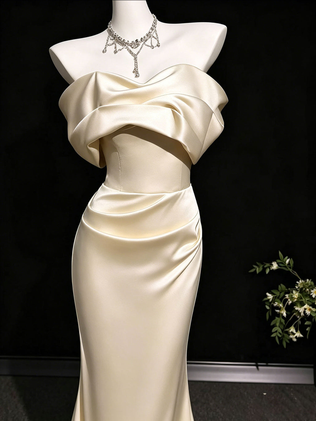 Champagne Satin Off-the-Shoulder Draped Mermaid Evening Gown