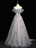 Dusty Blue Off-the-Shoulder Evening Gown with Feather & Floral Appliqués