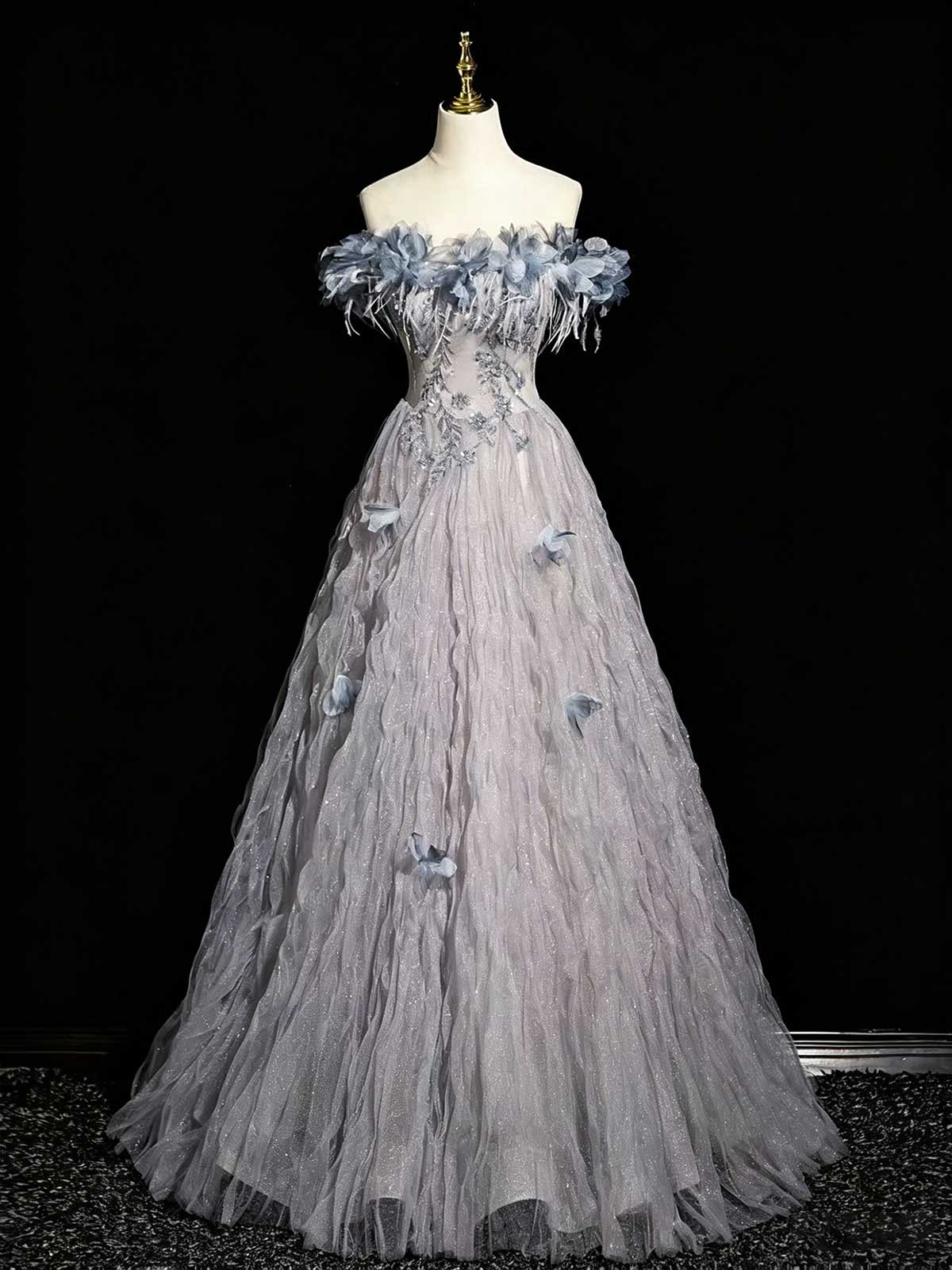 Dusty Blue Off-the-Shoulder Evening Gown with Feather & Floral Appliqués