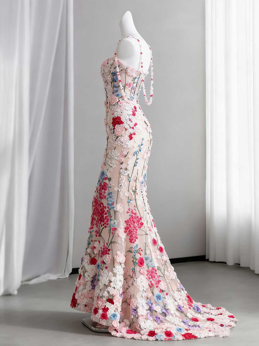 3D Floral Embroidered Mermaid Evening Gown