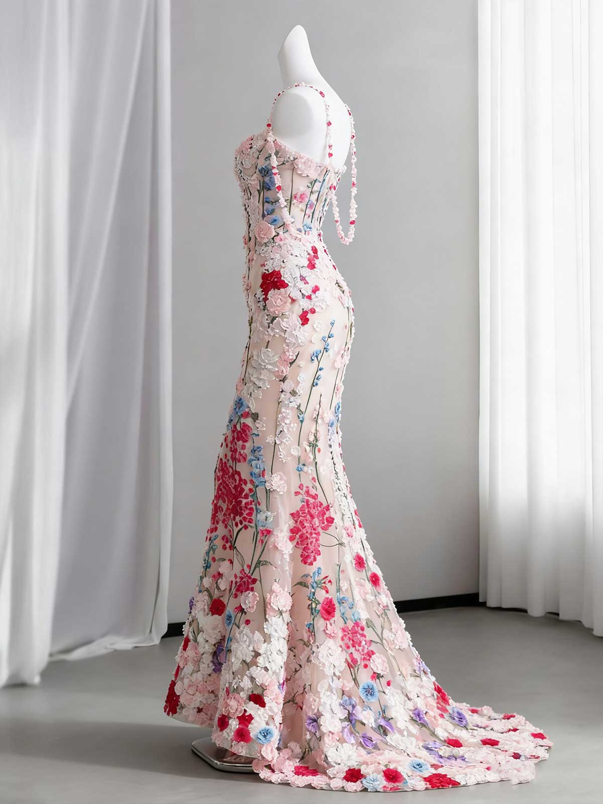 3D Floral Embroidered Mermaid Evening Gown