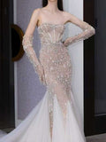 Ivory Pearl Beaded Sheer Strapless Mermaid Evening Gown with Gloves