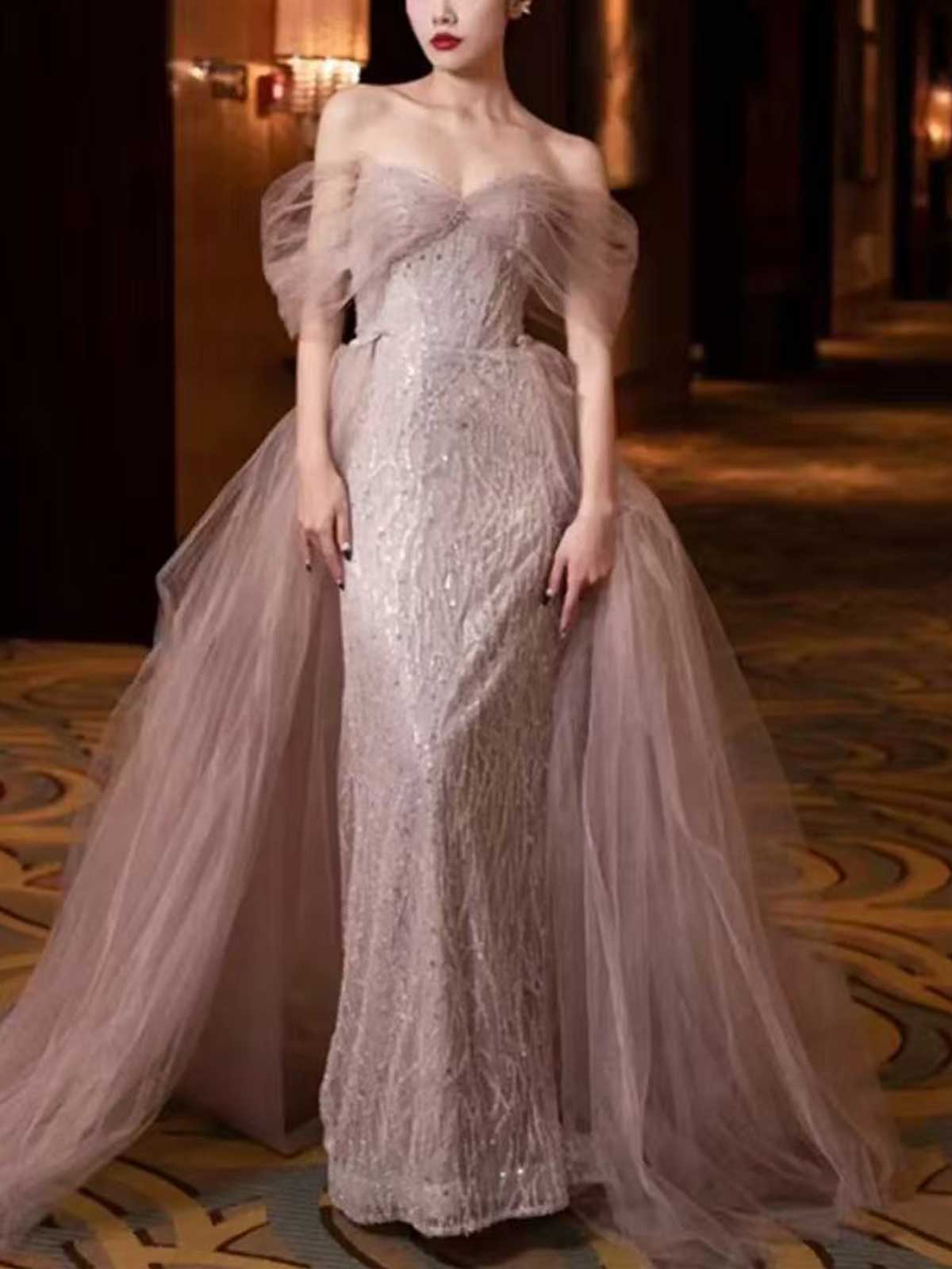 Lavender Off-the-Shoulder Tulle Evening Gown with Beaded Mermaid Skirt