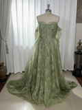 Sage Green Off-Shoulder Lace Tulle Gown with Train for Weddings