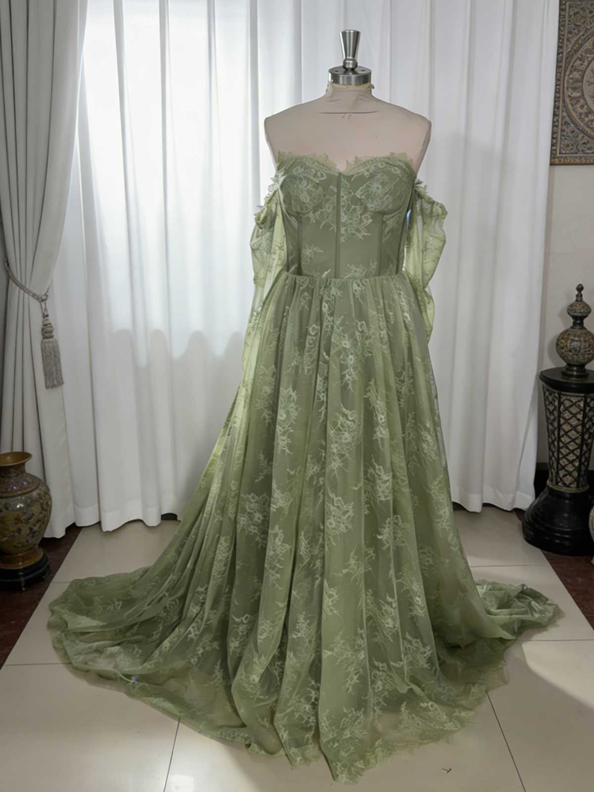 Sage Green Off-Shoulder Lace Tulle Gown with Train for Weddings