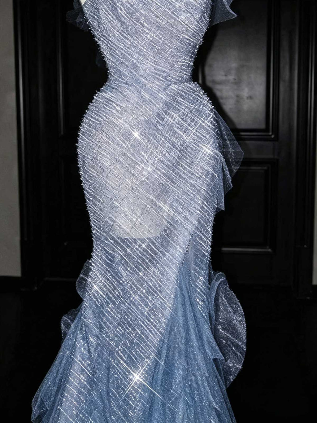 Ice Blue Glitter Halter Neck Tulle Mermaid Evening Gown