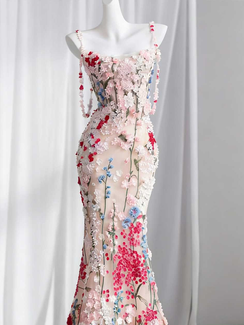 3D Floral Embroidered Mermaid Evening Gown