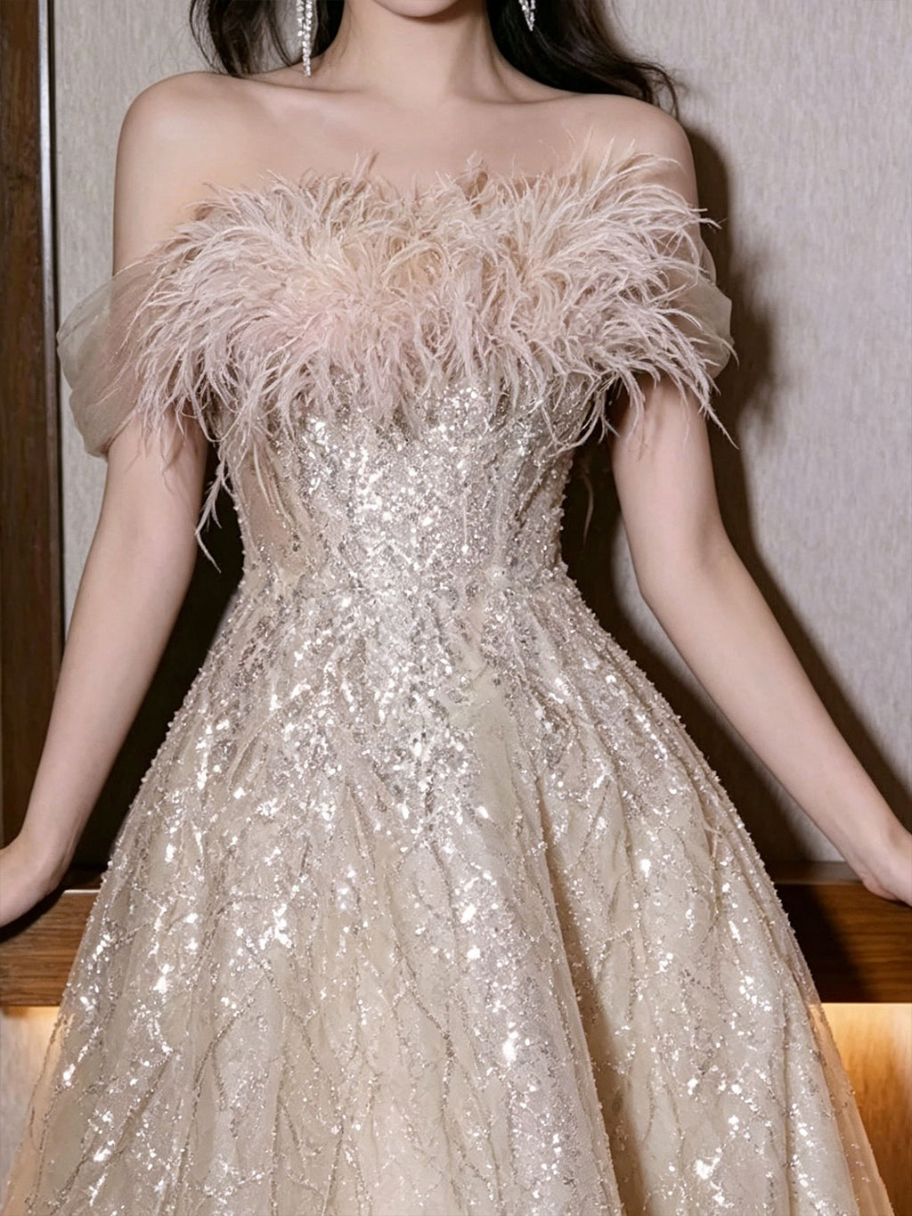 Blush Off Shoulder Ostrich Feather Glitter A-Line Evening Dress