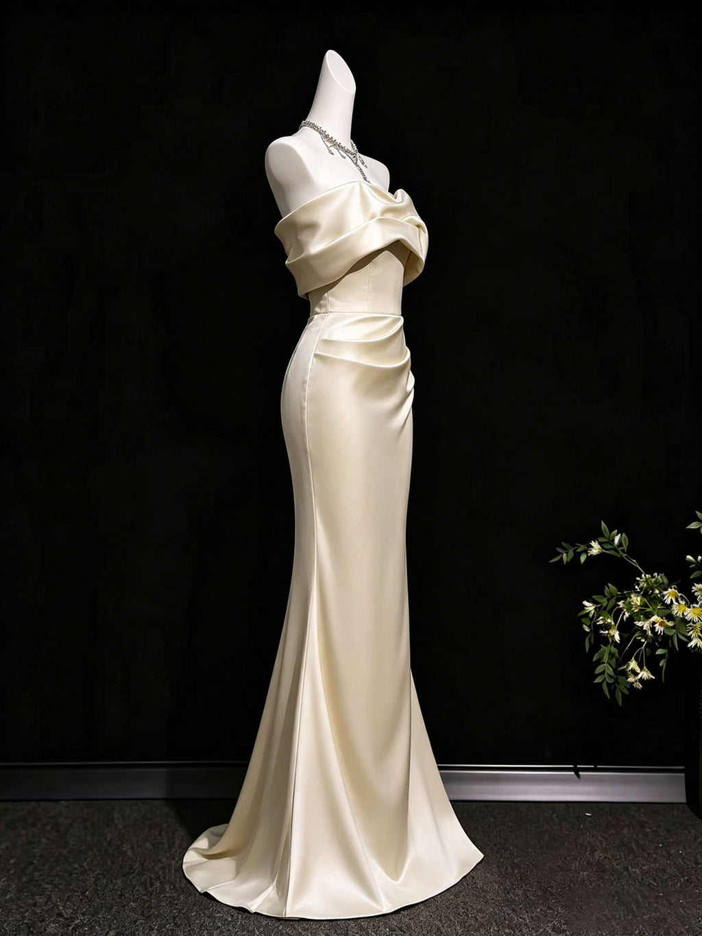 Champagne Satin Off-the-Shoulder Draped Mermaid Evening Gown
