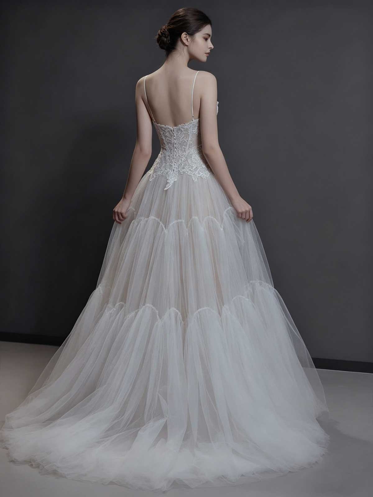 Spaghetti Strap Lace Corset Wedding Dress with Tiered Tulle Skirt