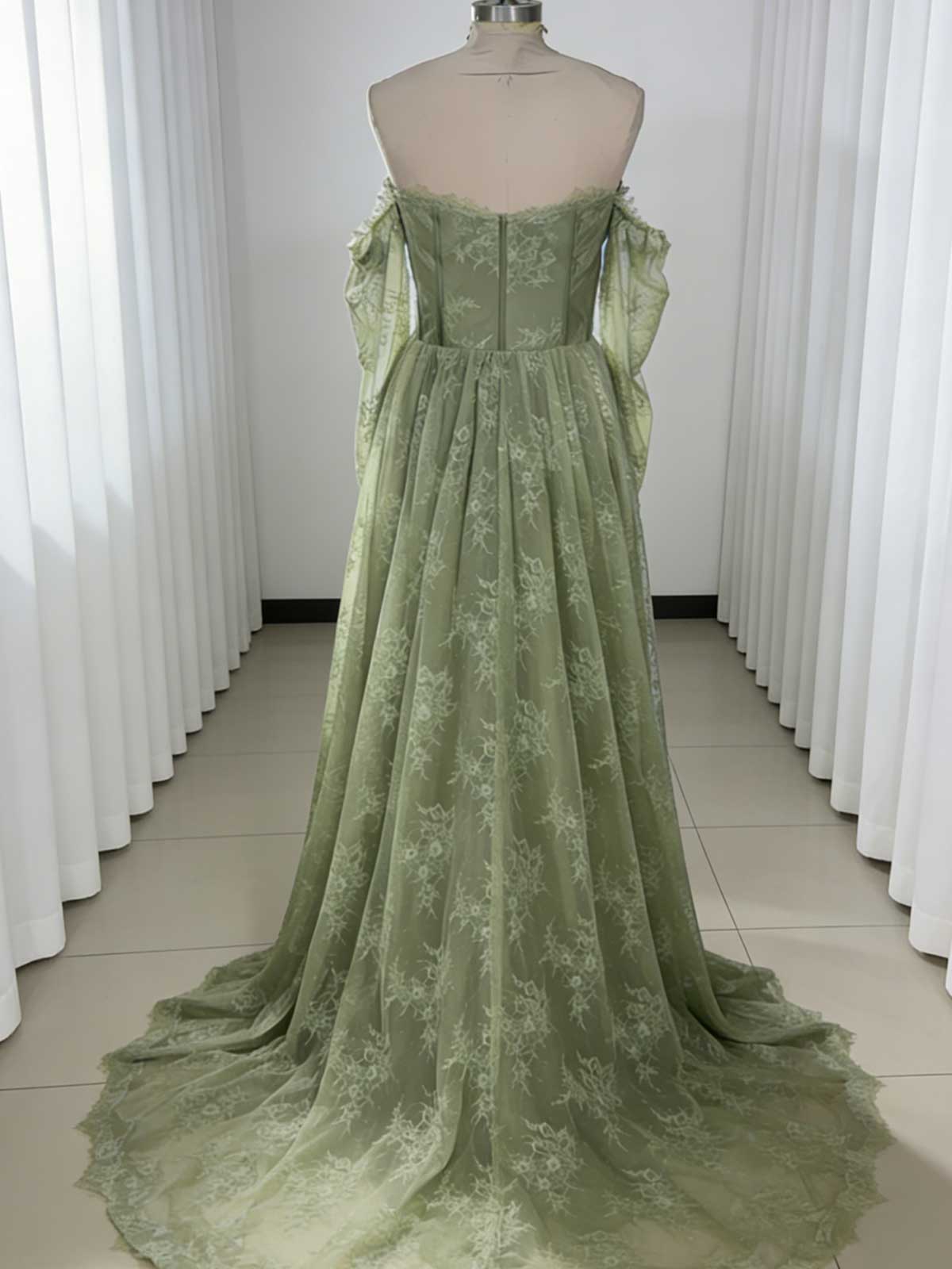 Sage Green Off-Shoulder Lace Tulle Gown with Train for Weddings