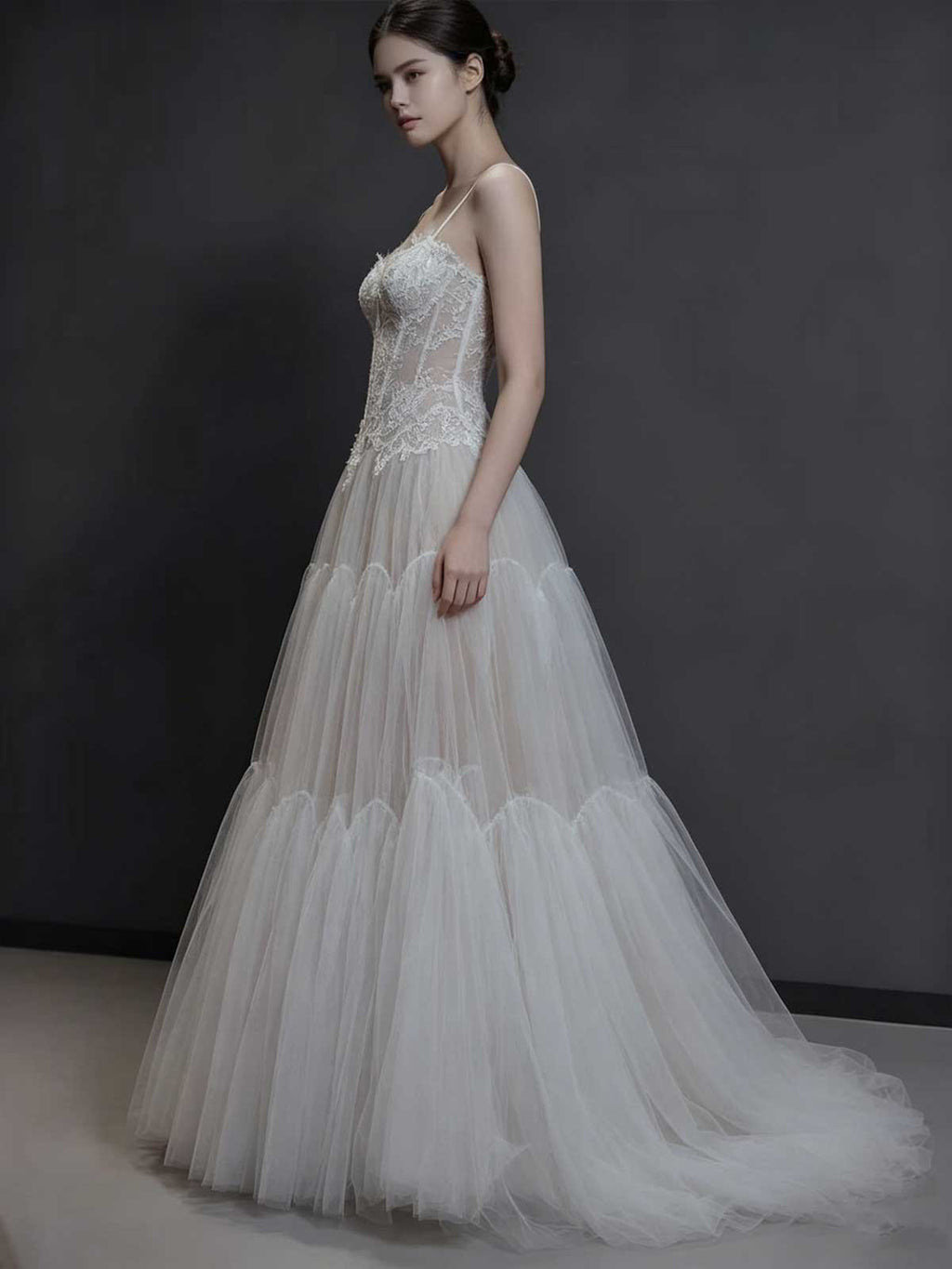 Spaghetti Strap Lace Corset Wedding Dress with Tiered Tulle Skirt
