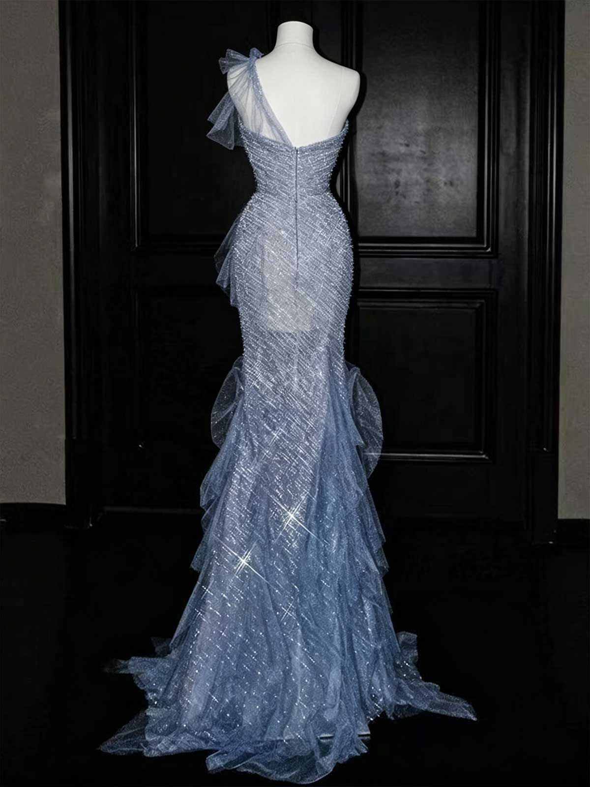 Ice Blue Glitter Halter Neck Tulle Mermaid Evening Gown