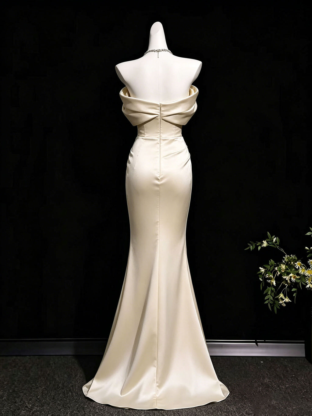 Champagne Satin Off-the-Shoulder Draped Mermaid Evening Gown