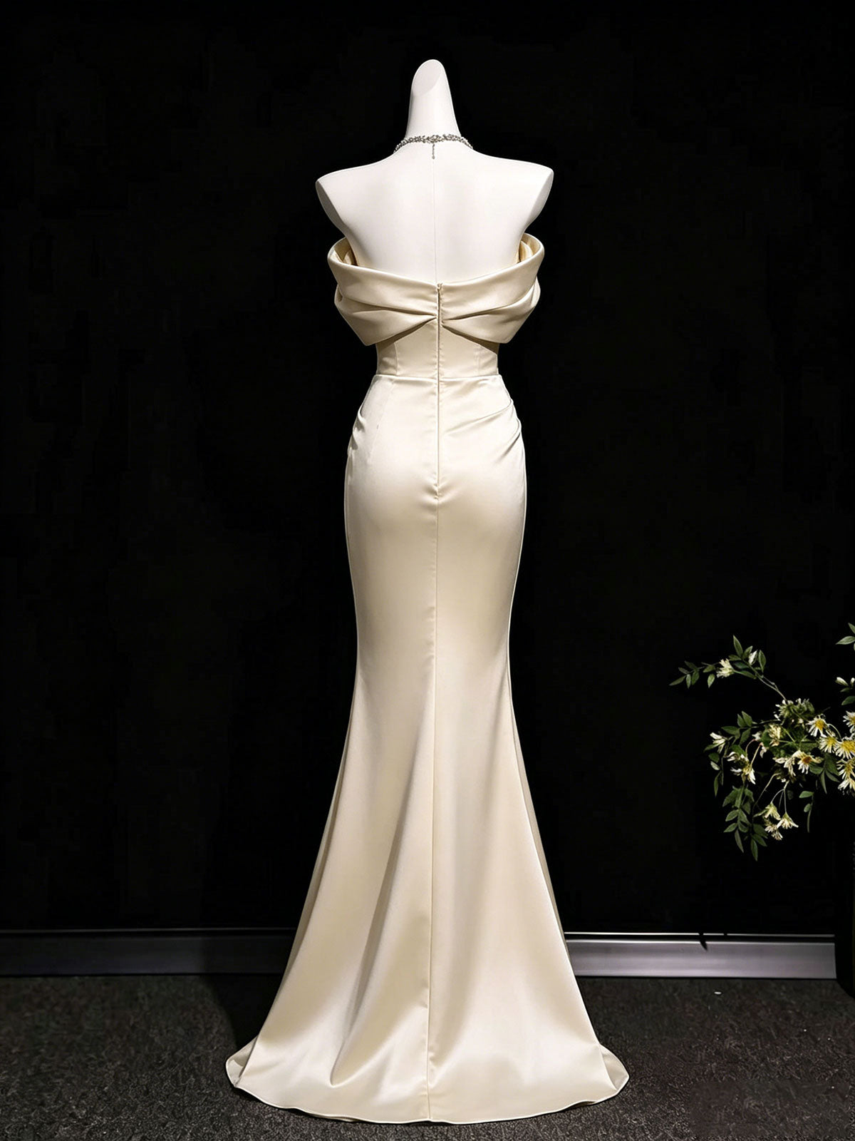 Champagne Satin Off-the-Shoulder Draped Mermaid Evening Gown