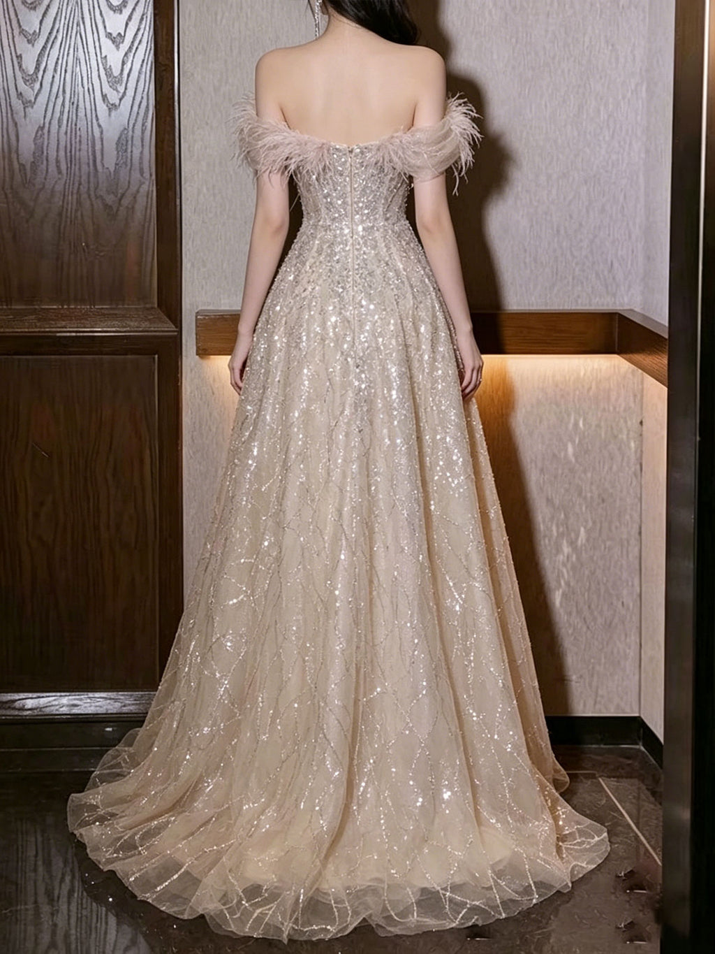 Blush Off Shoulder Ostrich Feather Glitter A-Line Evening Dress