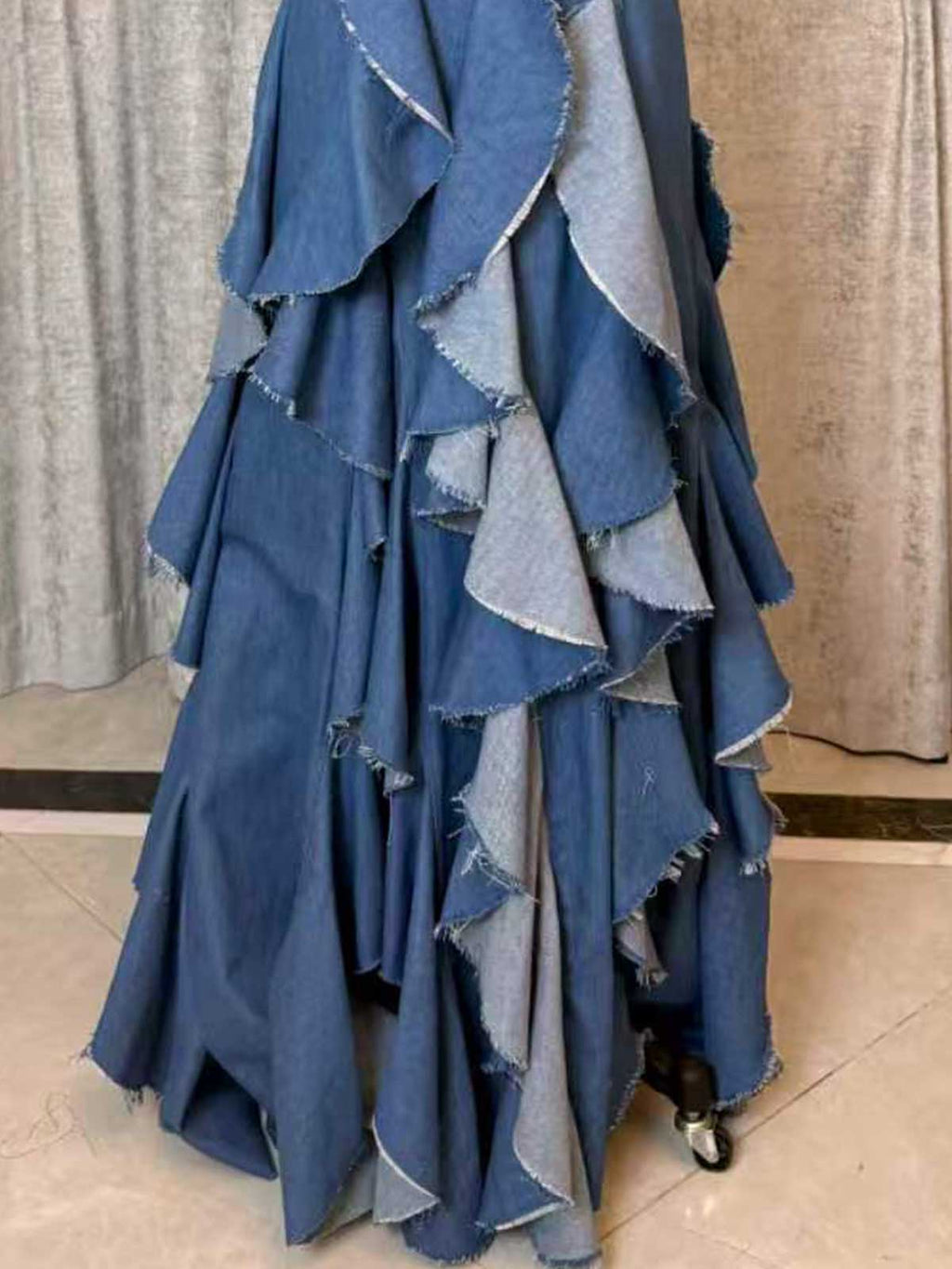 Blue Denim Halter Maxi Dress with Frayed Ruffle Layers for Casual Events
