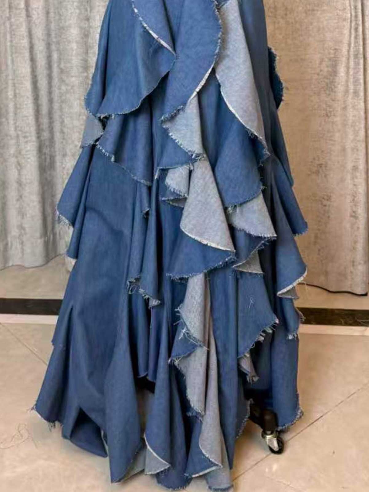 Blue Denim Halter Maxi Dress with Frayed Ruffle Layers for Casual Events