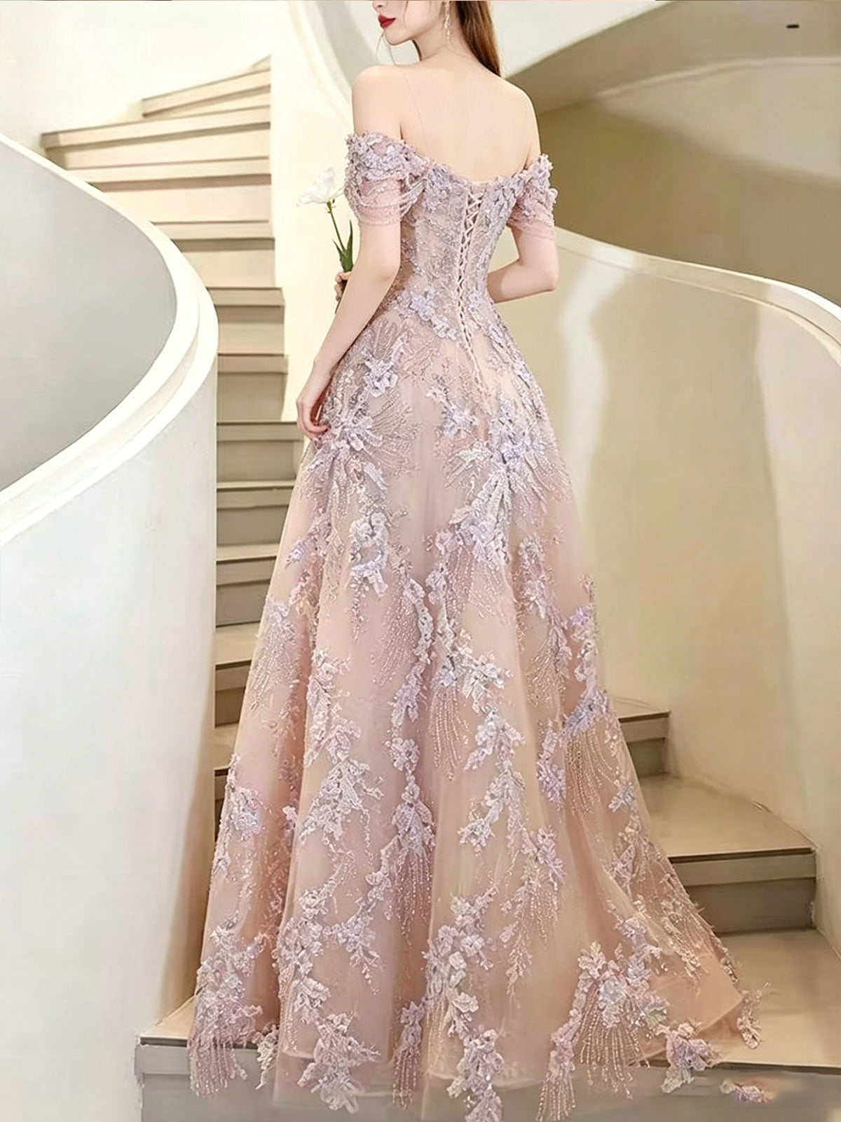 Blush Pink Lace Beaded Off-the-Shoulder A-Line Prom Gown