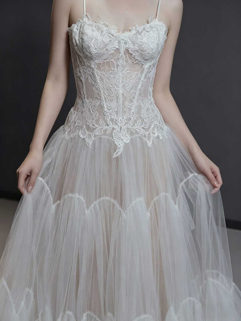 Spaghetti Strap Lace Corset Wedding Dress with Tiered Tulle Skirt