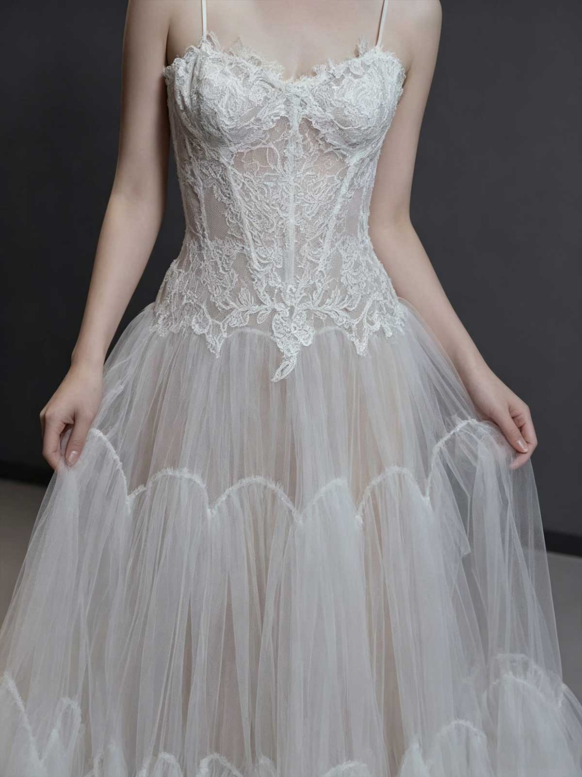 Spaghetti Strap Lace Corset Wedding Dress with Tiered Tulle Skirt
