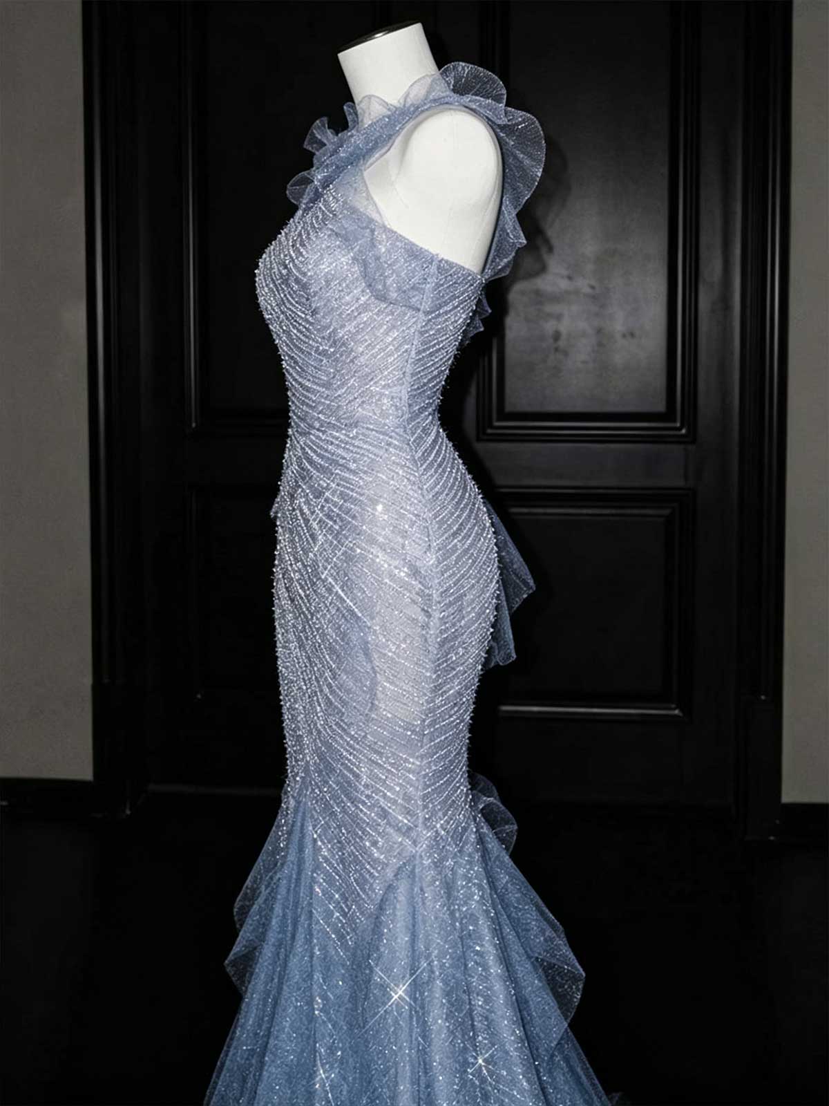 Ice Blue Glitter Halter Neck Tulle Mermaid Evening Gown