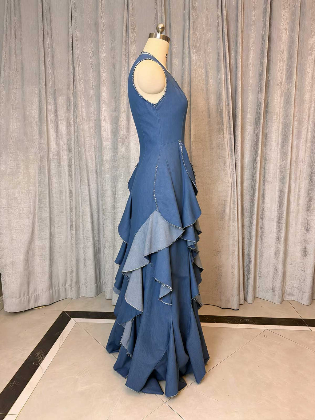 Blue Denim Halter Maxi Dress with Frayed Ruffle Layers for Casual Events