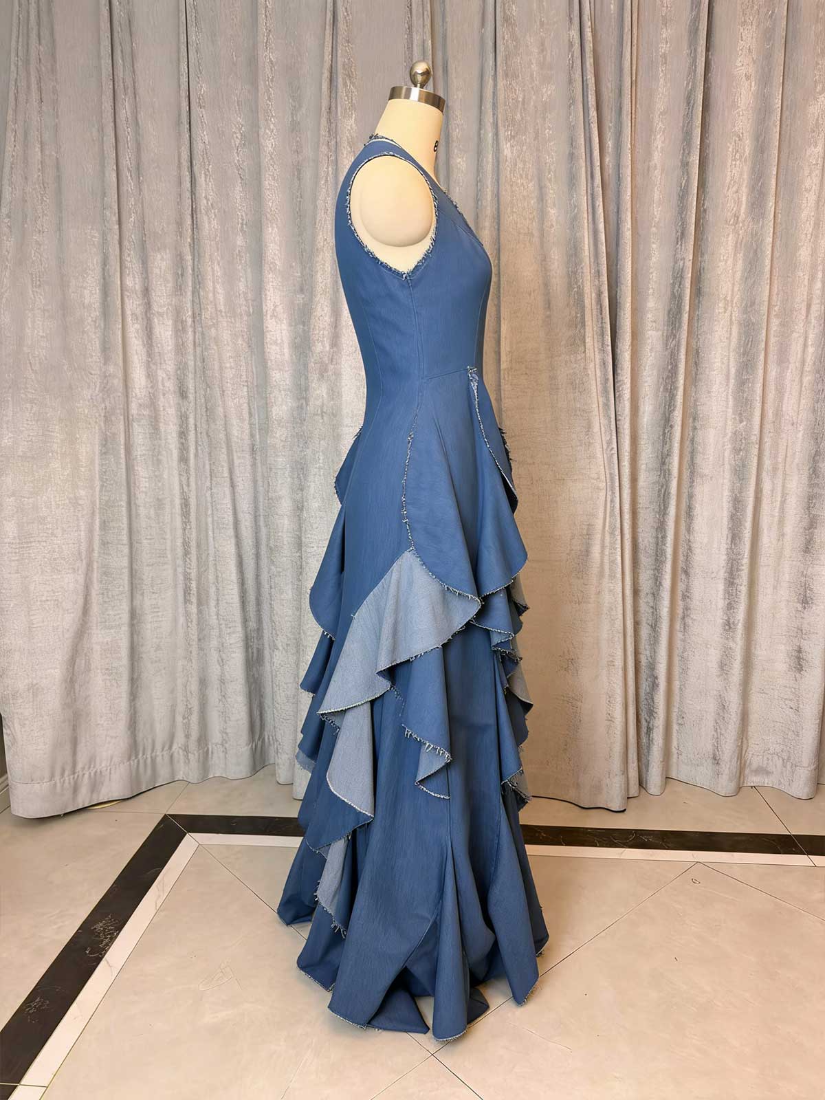 Blue Denim Halter Maxi Dress with Frayed Ruffle Layers for Casual Events