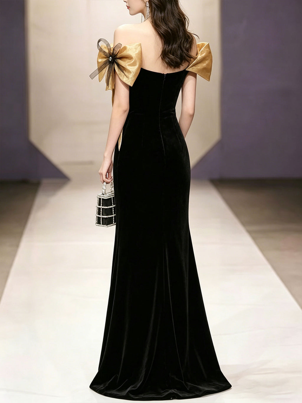 Black Velvet Gold Bow Off Shoulder Mermaid Formal Evening Gown