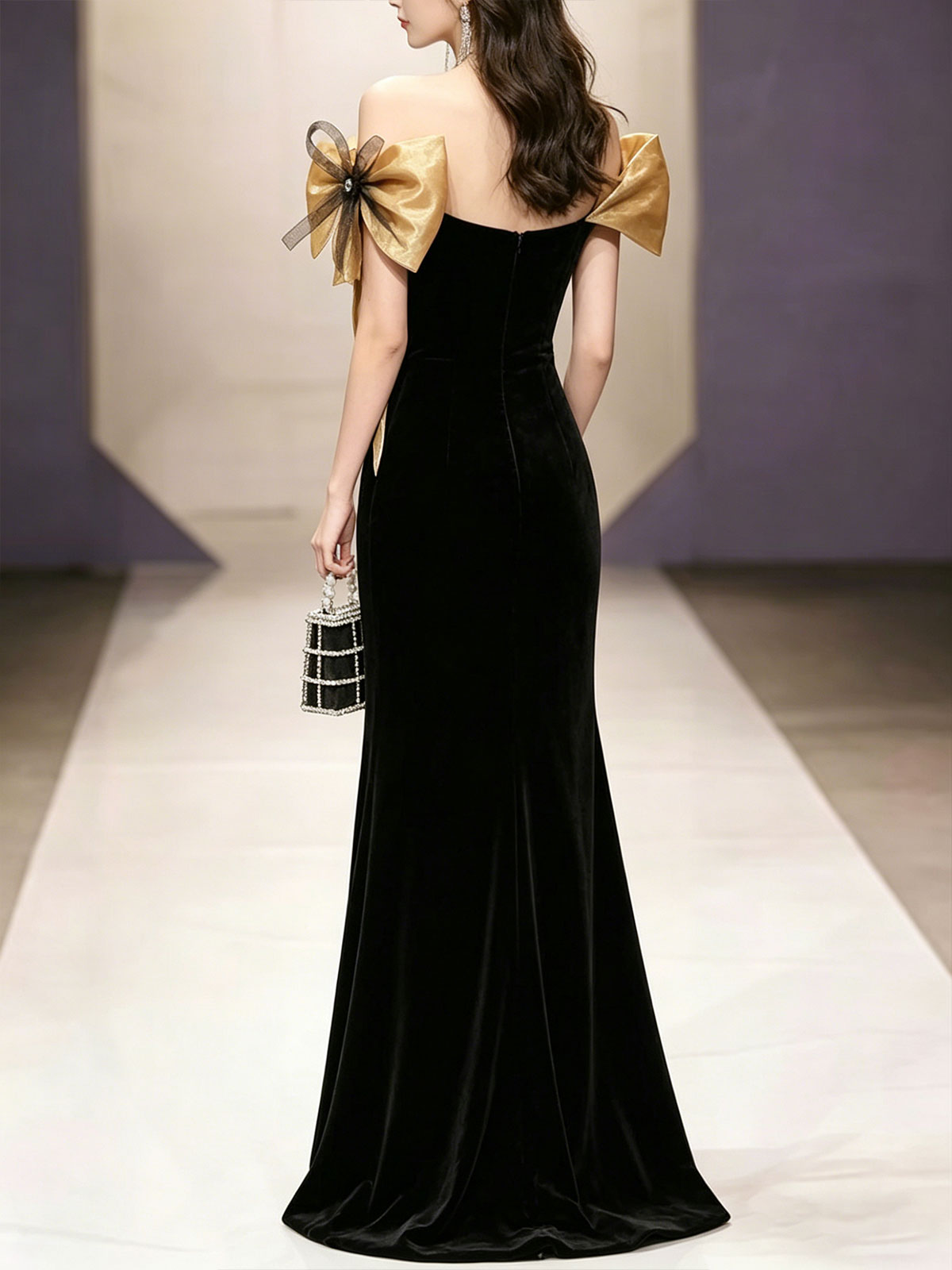 Black Velvet Gold Bow Off Shoulder Mermaid Formal Evening Gown