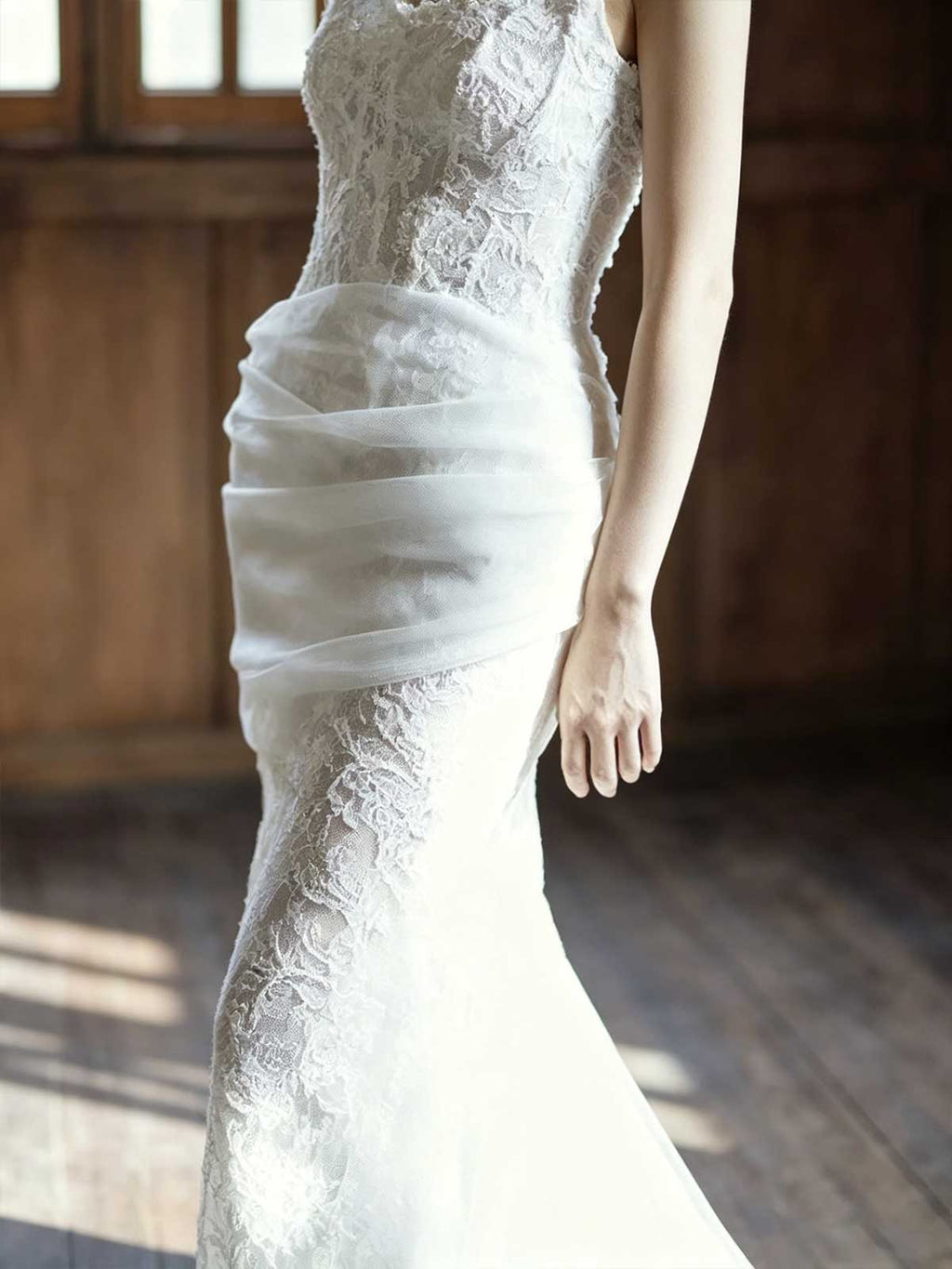 Strapless Lace Mermaid Wedding Dress with Draped Tulle Overlay