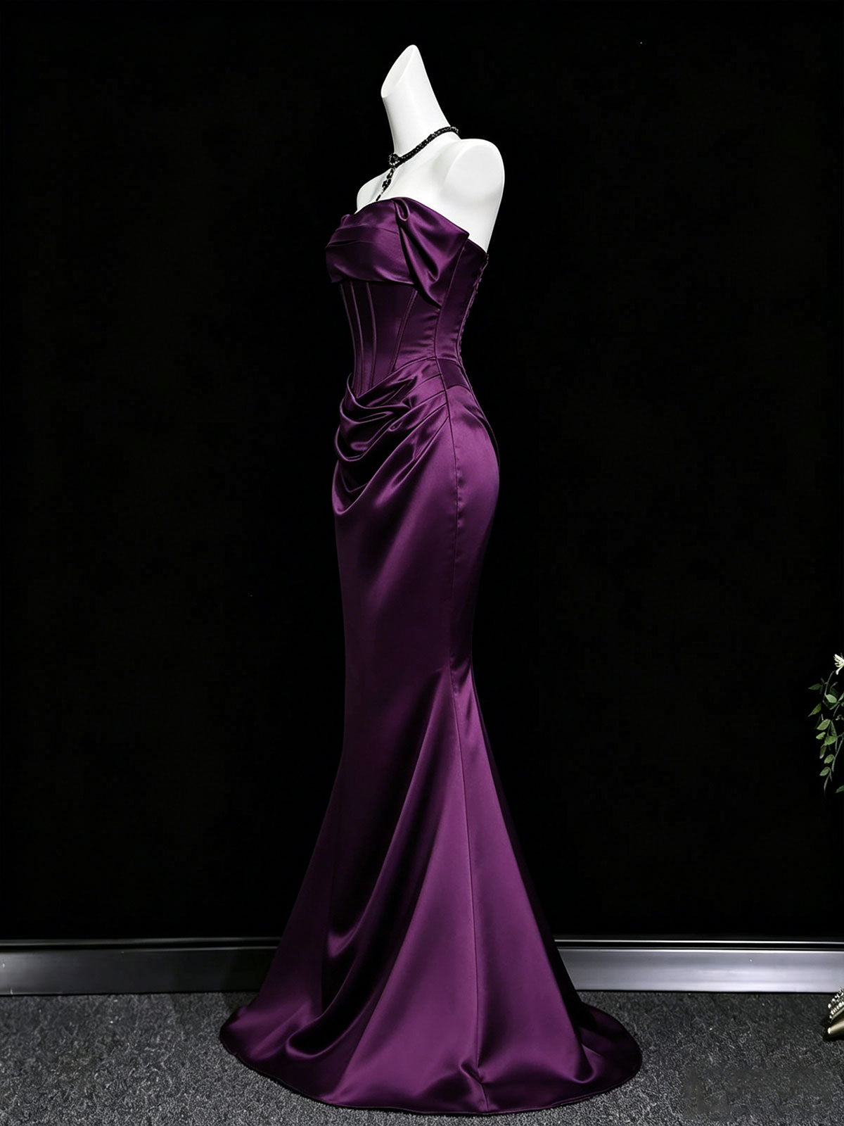 Deep Purple Strapless Satin Mermaid Evening Gown with Corset Bodice